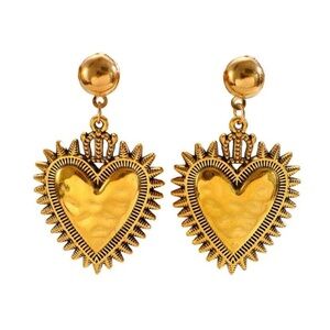 Boho Gold Heart Sunburst Earrings | Matte Hammered Texture